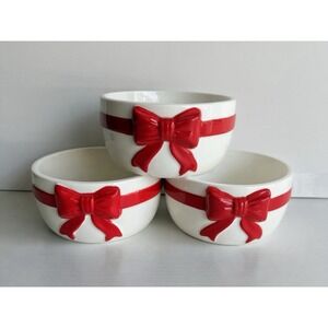 Set Of 3 Christmas Ramekins 4in Red Bow Ceramic Oven Safe Baking Dish New